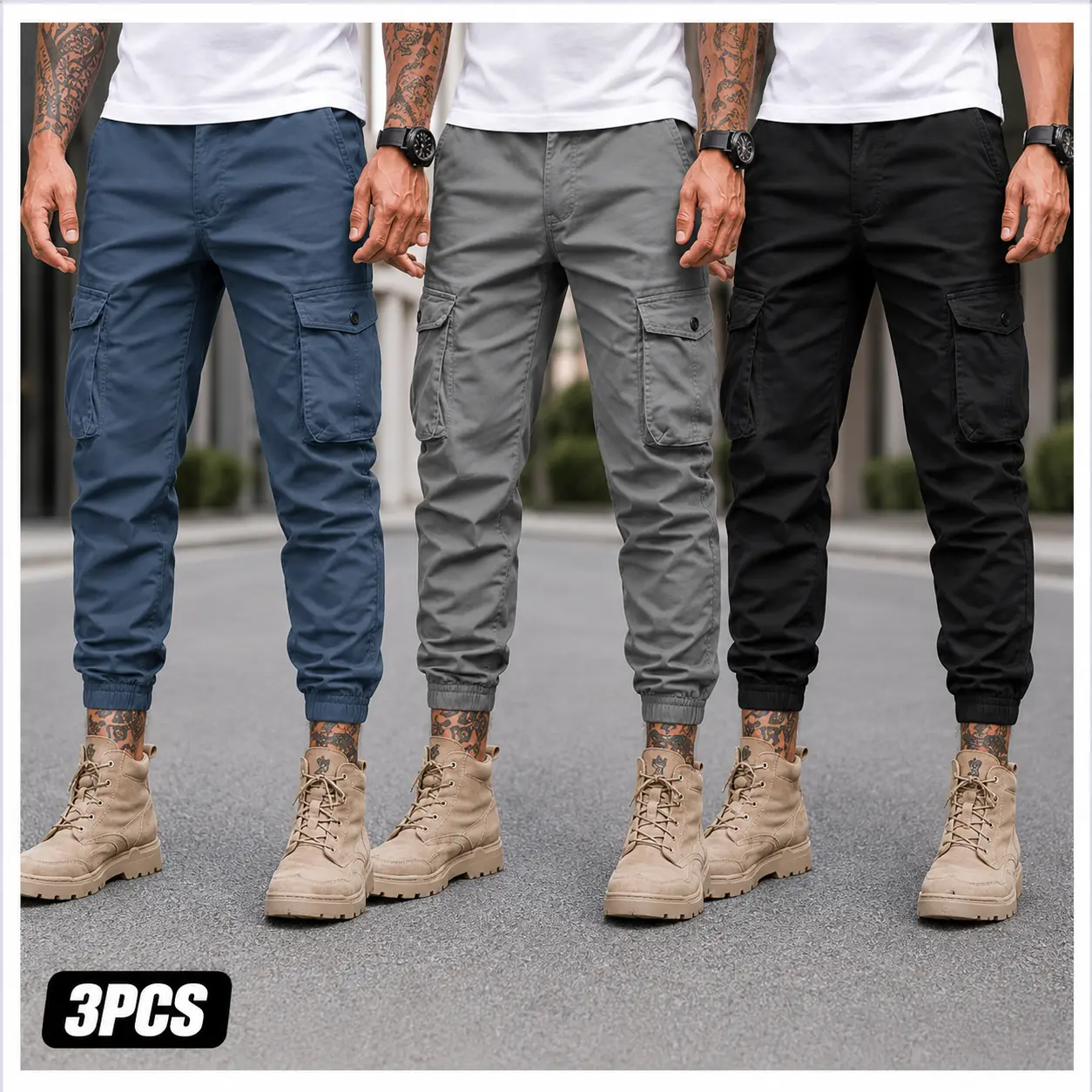 3-Pack Men’s Slim Fit Cargo Jogger Pants — Multi-Pocket Stretch Workwear, Street Style, Outdoor Hiking, Everyday Casual Wear Elastic Fabric Menswear Set Streetwear Classic Sneakers Utility