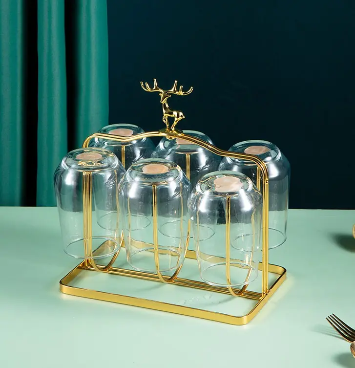 Electroplated Iron Frame Hanging 6-Cup Drying Rack, Decorative Kitchen Organizer with Water Drain, Space-Saving Holder for Glasses, Bottles, Mugs, 6 Cups