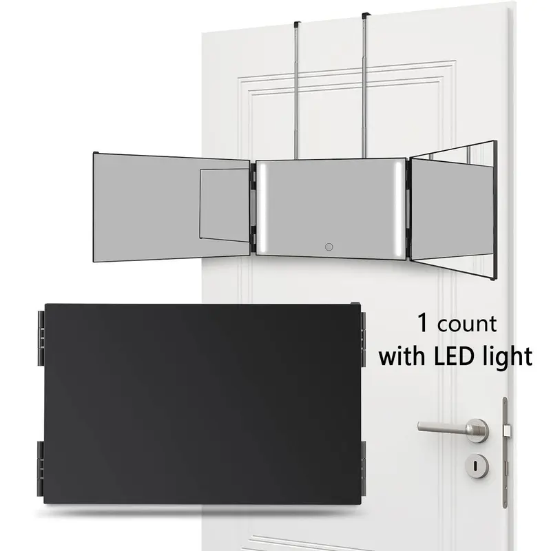 Foldable LED Light Up 3 Sided Makeup Mirror, Mirror with Lights, Portable Lightweight 3 Way LED Lighting Mirror for Self Hair Cutting, Wall Mounted or Door Hanging 360 Trifold Barber Mirror