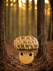 Nib the Mushroom Sprite Stuffie - Handmade Acrylic Yarn Pet - 6" x 4.5" Display Art - One of a Kind Adoptable Toy
