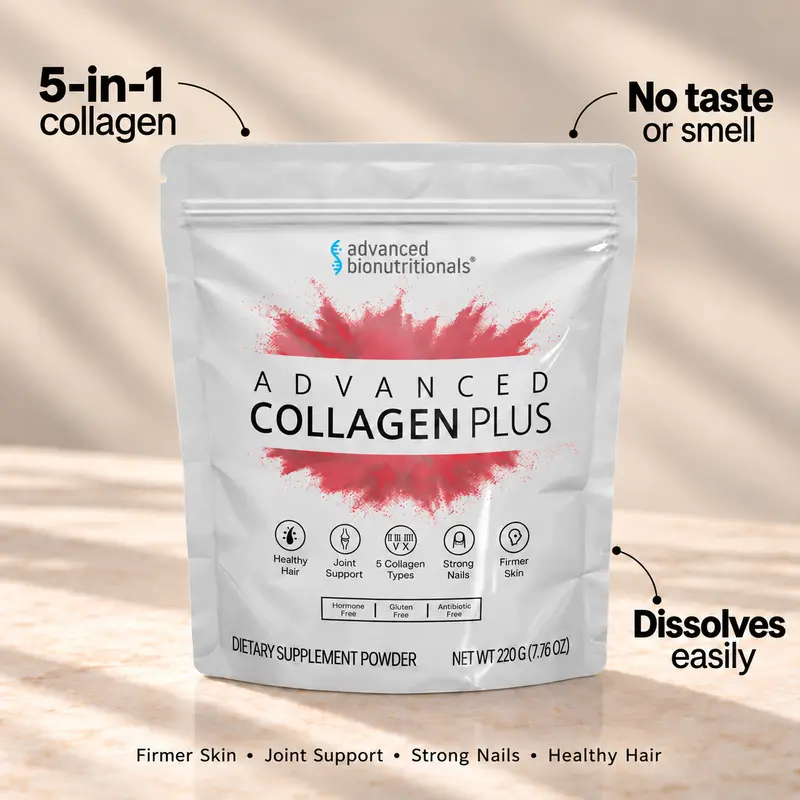 Advanced Bionutritionals Collagen Plus Hydrolyzed Collagen Protein Powder - Organic 5-in-1 Dairy-Free Dietary Beauty Product, 1 Scoop, 24 Months Shelf Life, Biotin Boost, Odorless Easy-Mix (Types 1,2,3,5,X) for Adults, Supports Joints, Skin, Hair, Nails
