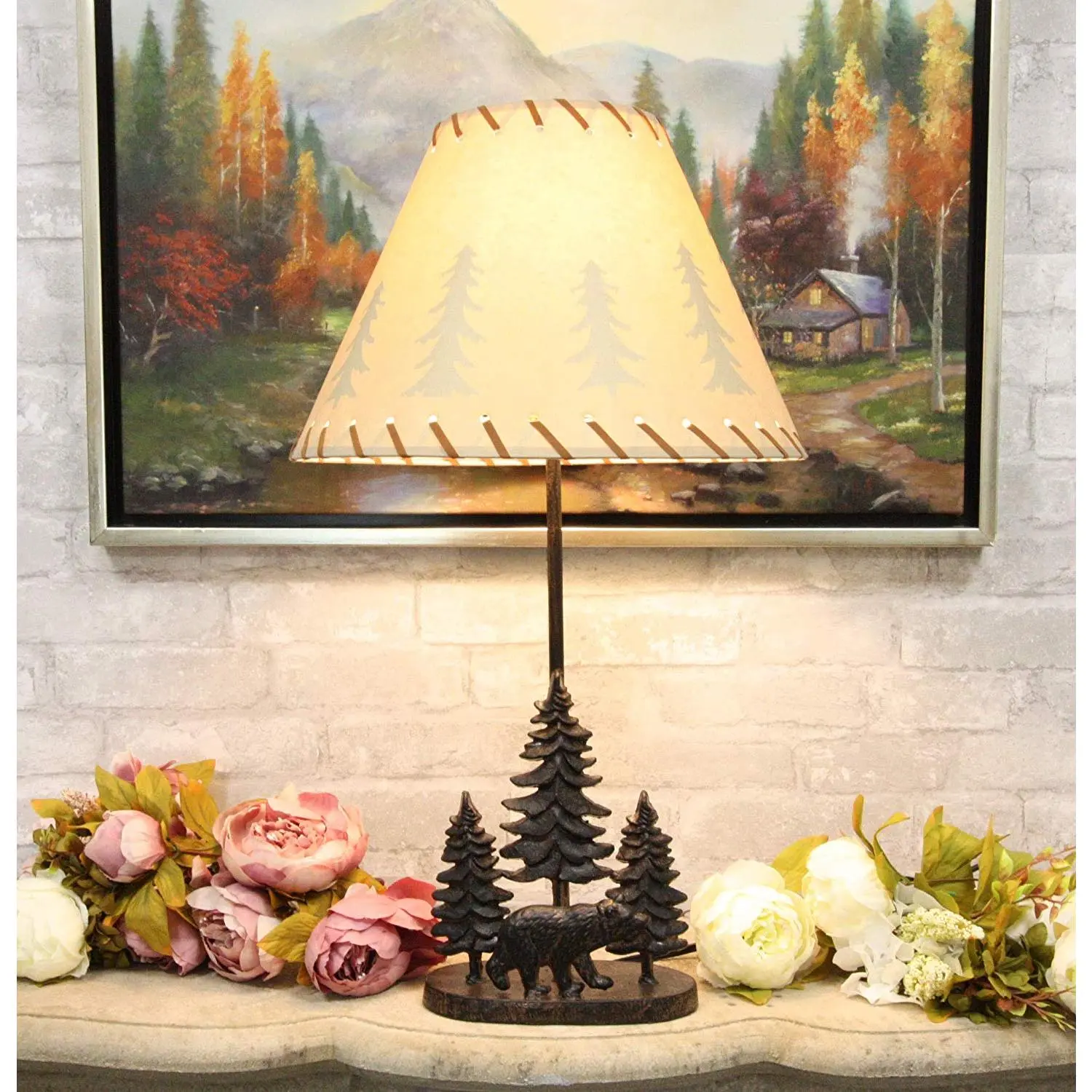 Ebros Rustic Midnight Black Bear Roaming in Pine Trees Forest Metal Table Lamp Statue with Pine Tree Shadows Printed Shade 24.5"High Western Decor Bears Desktop Lamps