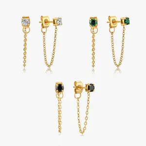 Single Gem Chain Gold Earrings