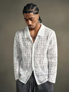 Men’s shirts - Men Floral Crochet Knit Button Cardigan Long Sleeve Breathable Summer Casual Shirt men’s clothing mens clothing male clothing tiktok shop clothes for men summer men clothes vacation outfit summer outfits vacation clothes summer clothes