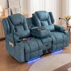 【JOYVELLEHEIM】Power Loveseat Recliner Sofa with Console, Leathaire Farbic Dual Reclining Couch with Blue LED Lights, Bluetooth Speakers, USB Ports, Phone Holders, Home Theater & RV Recliner, Navy Blue, Brown