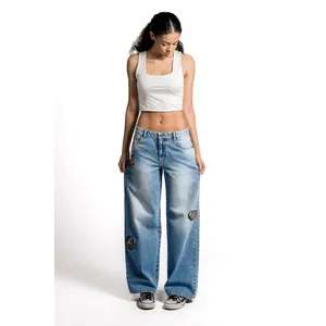 Navari Women's Low Rise Baggy Fit Denim Light Wash Jeans with Interchangeable Patches & All Patch Sets Combo Pack Cotton Jean Loose Bottoms - Leg