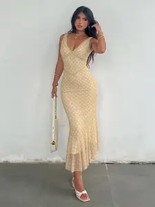 Women's V Neck Sleeveless Polka Dot Dress, Contrast Mesh A-Line Long Skirt, French Fashion Patchwork, Elegant Holiday Womenswear, Elegant Modesty Dress