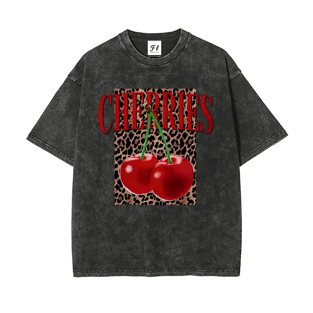 Plus Size Summer Women's Fun Print Hip-Hop "Leopard Cherry Letters" Personalized Pattern Print Street , Korean Style Y2k Clothing Women's Clothing, Round Neck Short-Sleeved Washed T-Shirt