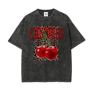 Plus Size Summer Women's Fun Print Hip-Hop "Leopard Cherry Letters" Personalized Pattern Print Street , Korean Style Y2k Clothing Women's Clothing, Round Neck Short-Sleeved Washed T-Shirt