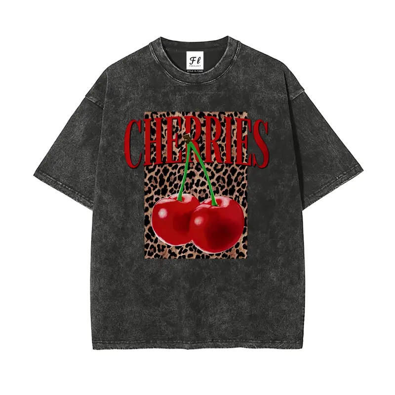 Plus Size Summer Women's Fun Print Hip-Hop "Leopard Cherry Letters" Personalized Pattern Print Street , Korean Style Y2k Clothing Women's Clothing, Round Neck Short-Sleeved Washed T-Shirt
