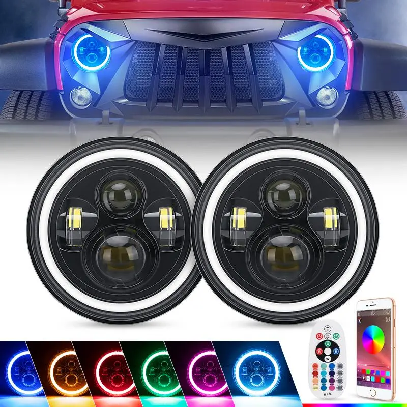 2PS 7 Inch LED Headlights with RGB Halo App Or Remote Control For Jeep Wrangler 2PS 7 Inch LED Headlights with RGB Halo App Or Remote Control For Jeep Wrangler