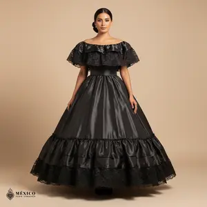 Black Traditional Mexican Lace Dress Set – Two-Piece Satin Folklore Outfit