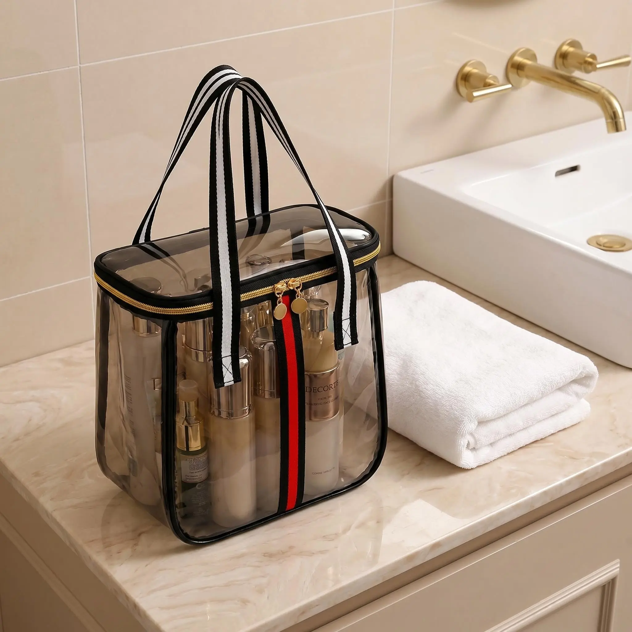 Transparent Leakproof Double-Zipped Cosmetic Storage Bag - Premium High-Capacity Organizer with Reinforced Widened Handle - Travel Bag for Athletic Travelers’ Toiletries, Cosmetics, Towels (Transparent Black)