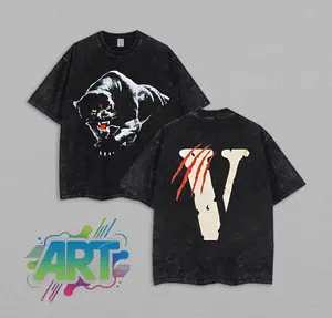 VLONE Panther Night Hunt Tee – Vintage Washed Oversized Graphic Shirt, Heavyweight Cotton Streetwear, Panther Claw Slash Design, Urban Gothic Grunge Vibe, VLONE Red V Back Logo, Bold Statement Hip Hop Fashion – Limited – For Wear