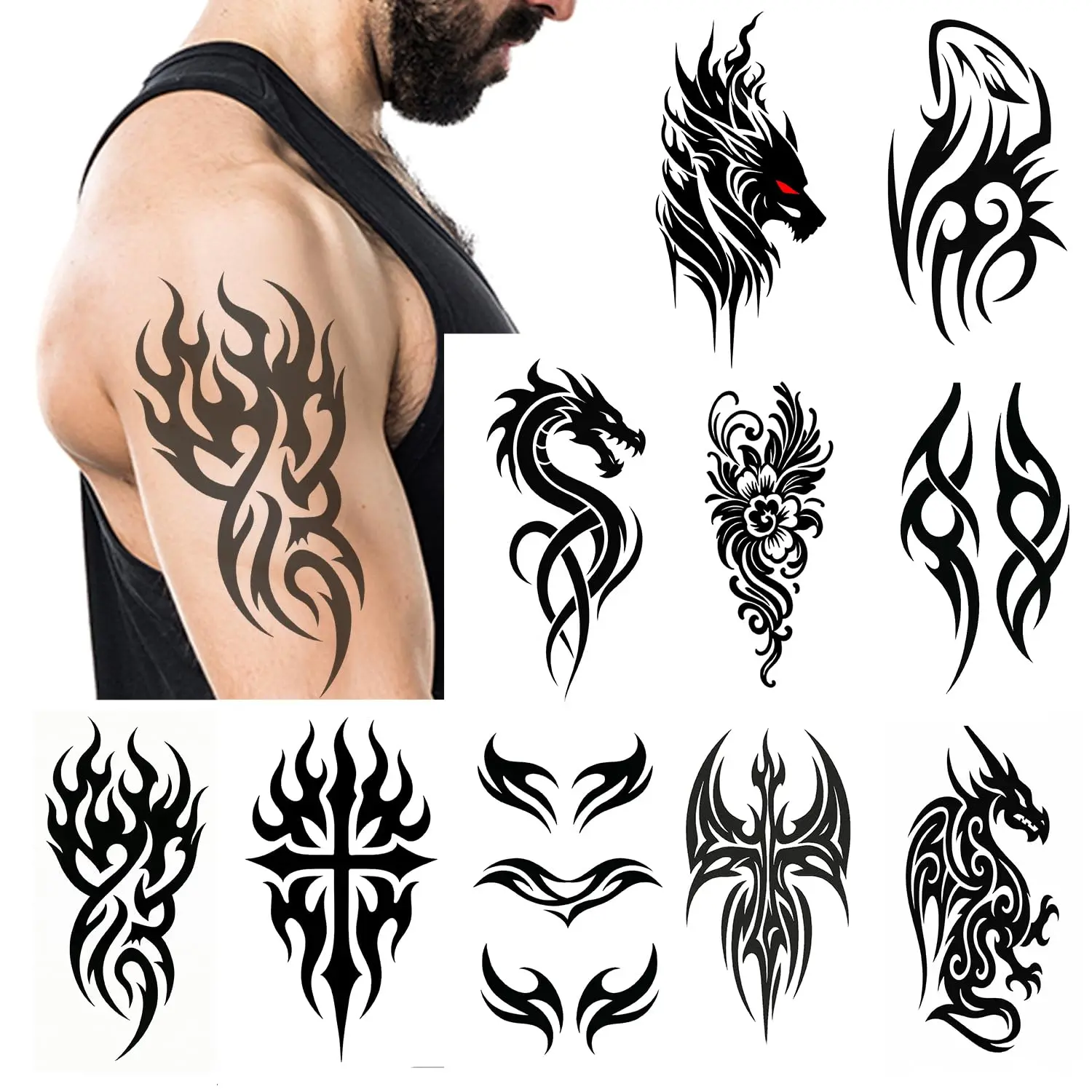 Large Tribal Temporary Tattoos for Men & Women – 10 Sheets 7.4"x4.7" Black Totem Fake Tattoos, Waterproof Removable Body Art Stickers for Chest, Arms, Shoulders, Legs