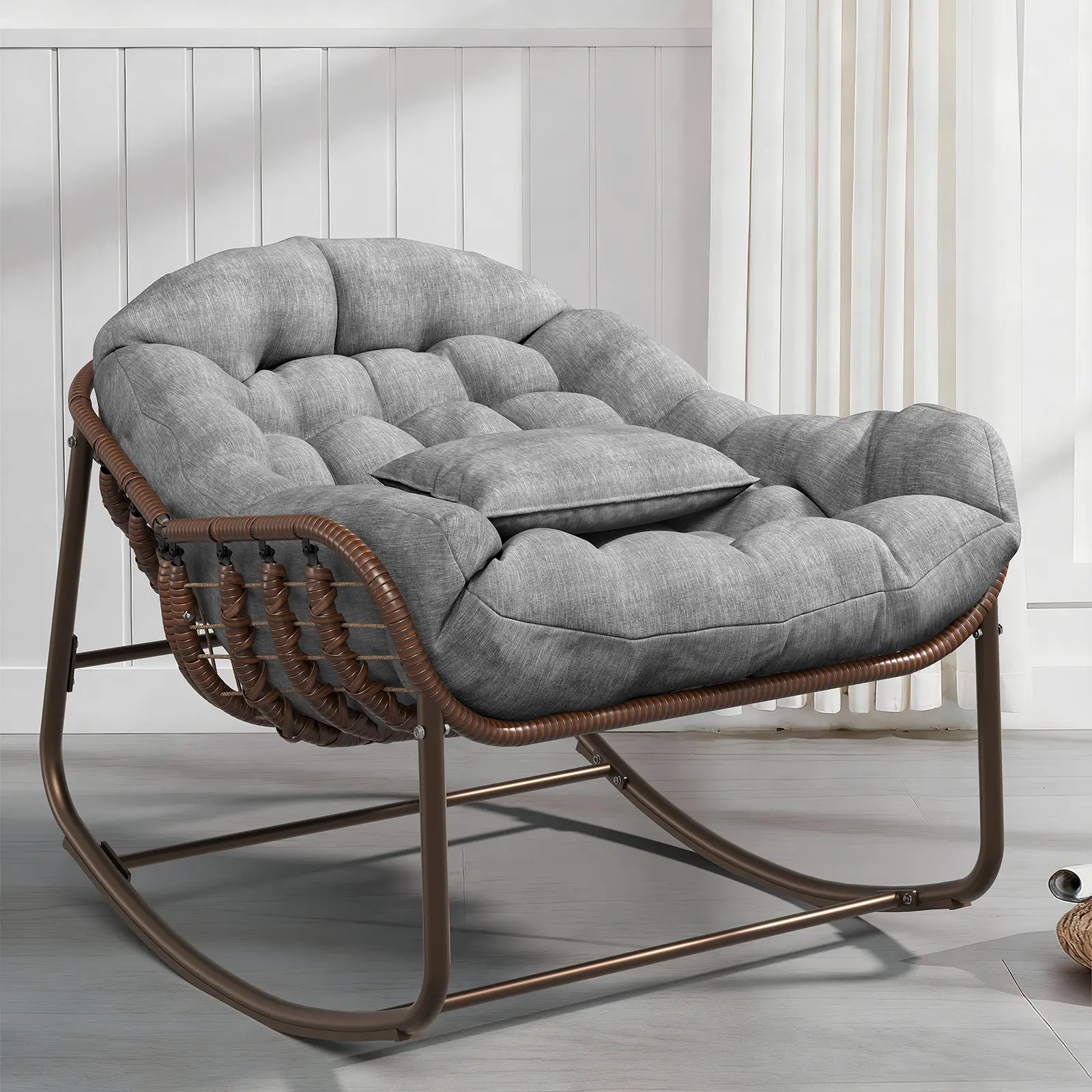 Oversized Papasan Patio Rocking Egg Chair – Wicker Rattan Lounge Chair with Water-Resistant Cushion, Sturdy Metal Frame, 450 lbs Capacity – Ideal for Balcony, Porch, or Bedroom