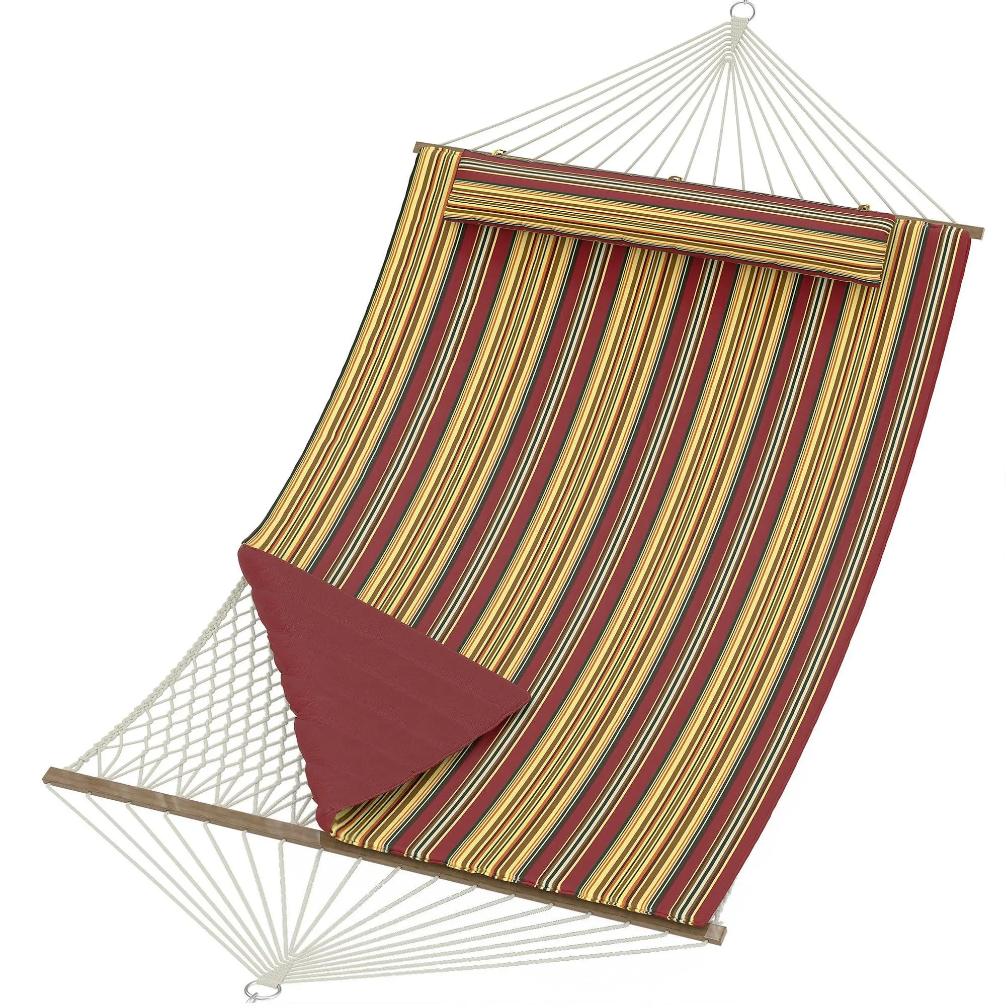 GARVEE Double Hammock, 12FT Quilted Outdoor Swing Bed for 2 People, Removable Ergonomic Pillow, Heavy Duty 450 Lbs for Patio, Garden, Backyard,Red Yellow Stripe