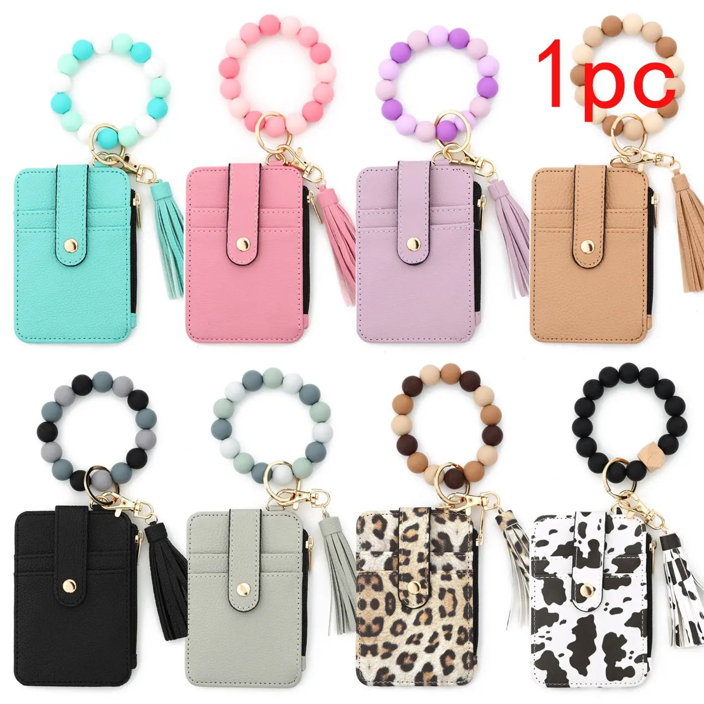 Chic Card Holder with Beaded Bracelet Keychain, Casual Women's Wallet, Synthetic Leather Lining, Daily Use, Safe Travel Wallet, Card Slot, Cardholder
