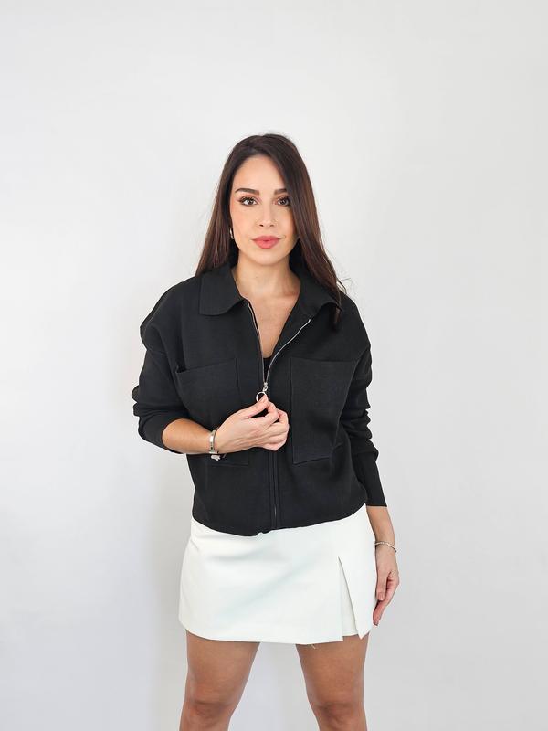 Black Cropped Jacket - Outerwear, Women's Boxy Coat with Zipper, Perfect for Layering