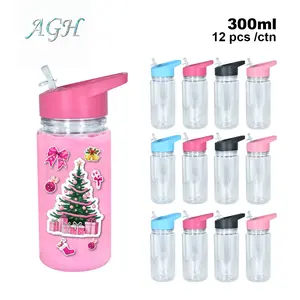 AGH US 300ml 10oz Acrylic Snow Globe Cup Double Wall Plastic Kids Water Bottle with Colorful Handle Lid (mixed 4 color) 12pcs/carton Halloween