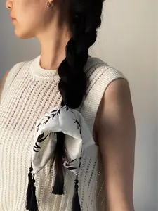 Handmade Bamboo Tassel Square Scrunchie Personalized Gift for Her with Bamboo Bead Square Scrunchies for Stylish Hair Accessory