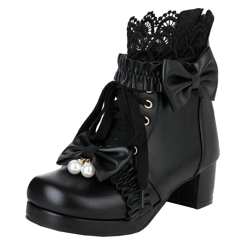 Women's Classic Round-Toe Cuban-Heel Chunky Lace-Up Ankle Boots - Cushioned Walk-All-Day Leather-Look Casual Footwear Shoes, Shoe, Walking Shoes