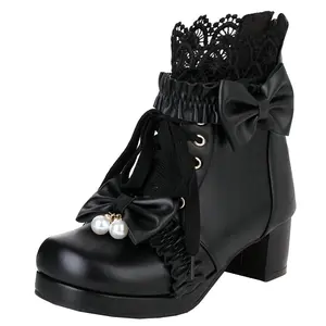 Women Platform Boots Lace Up Chunky Heel Ankle Boots with Bow Cosplay Winter Shoes
