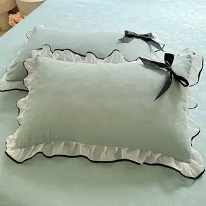 2 Pack 3D Embossed Ruffle Pillowcases with Ribbon Bowknot, Soft Fleece Fabric, Envelope Closure, 8 Solid Colors, Bedroom and Guest Room Decor