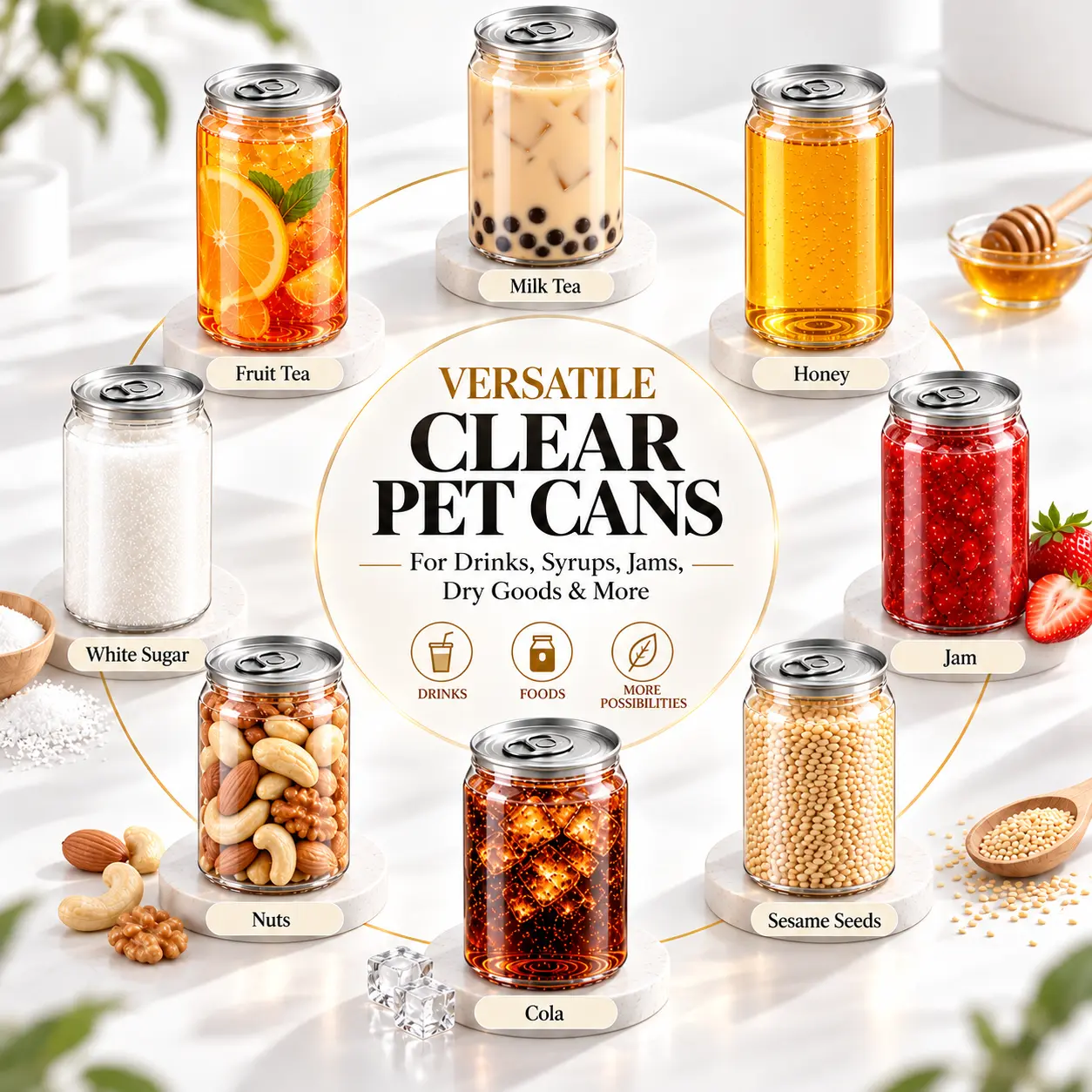 8.5 oz (250ml) Plastic Cans with Lids, Clear Sealable PET Cans Leak-Proof container