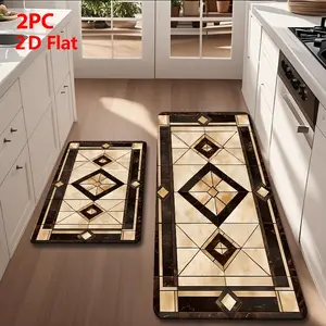 2/3 Piece Flannel Kitchen Mat Set, Luxury Gold Geometric Diamond Tile Texture, Modern Simple Home Decor, Non-Slip, Absorbent