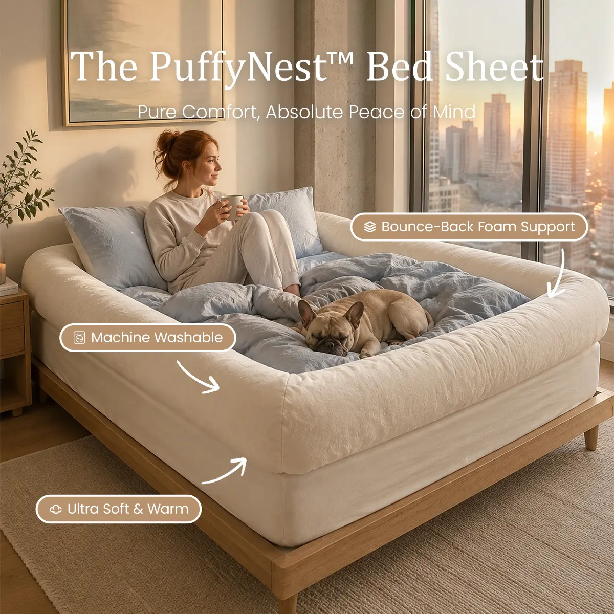 APSMILE PuffyNest Bolster Fitted Sheet - Multi-Size Anti-Anxiety Deep Pocket Bed Bumper for Converting Beds Into Cozy Nests