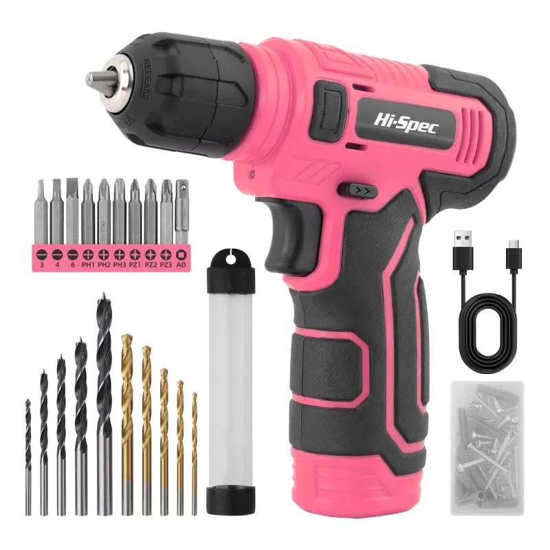 8V Pink Cordless Drill Kit with 3/8" Keyless Chuck, 76pcs Accessories, Built-in LED Lights, Type-C Charging, Rechargeable Cells, Metal-Compatible, Convenient Storage for DIY Drilling, Screw Tightening (Homeowners)