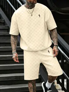 Men's Multi-Color Checkered Jacquard Two-Piece Set, Loose Short Sleeve T-Shirt + Casual Track Shorts, Comfortable and Stylish