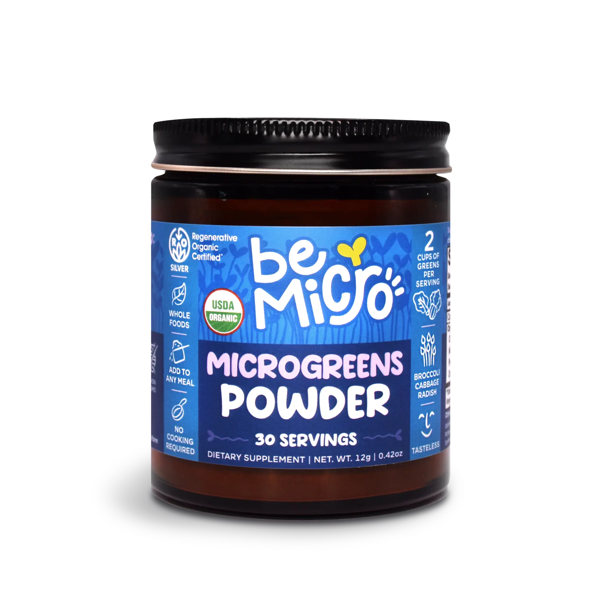 BeMicro Organic Microgreens Powder - USDA Organic Certified, 30 Servings, Dietary Supplement, 1.12g Net Wt., Regenerative Organic Certified, Small Serving Size