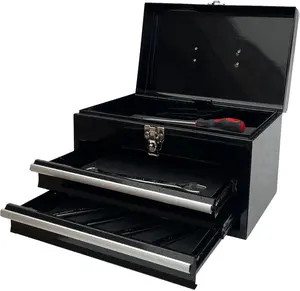 Portable Metal Tool Chest – 14” 2-Drawer Steel Cabinet with Ball Bearing Slides, Black (Model 4202)