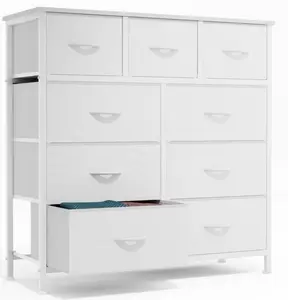 Dressers with 9 Fabric Drawers, 9 Drawers Organization Furniture for Kitchen, Office, Hallway, White Wooden Top Fabric Storage Dresser