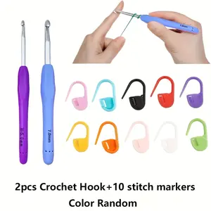 12-piece colorful ergonomic soft rubber comfortable grip crochet set, including knitting markers, portable storage box, beginner's household crochet toolkit (accessory colors are random)
