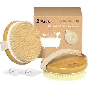 Metene 2 Pack Bamboo Dry Body Brushes, Shower Brush Wet and Dry Brushing, Dry Brush for Cellulite and Lymphatic, Body Scrubber with Soft and Stiff Bristles, Suitable for All Kinds of Skin Metene Metene