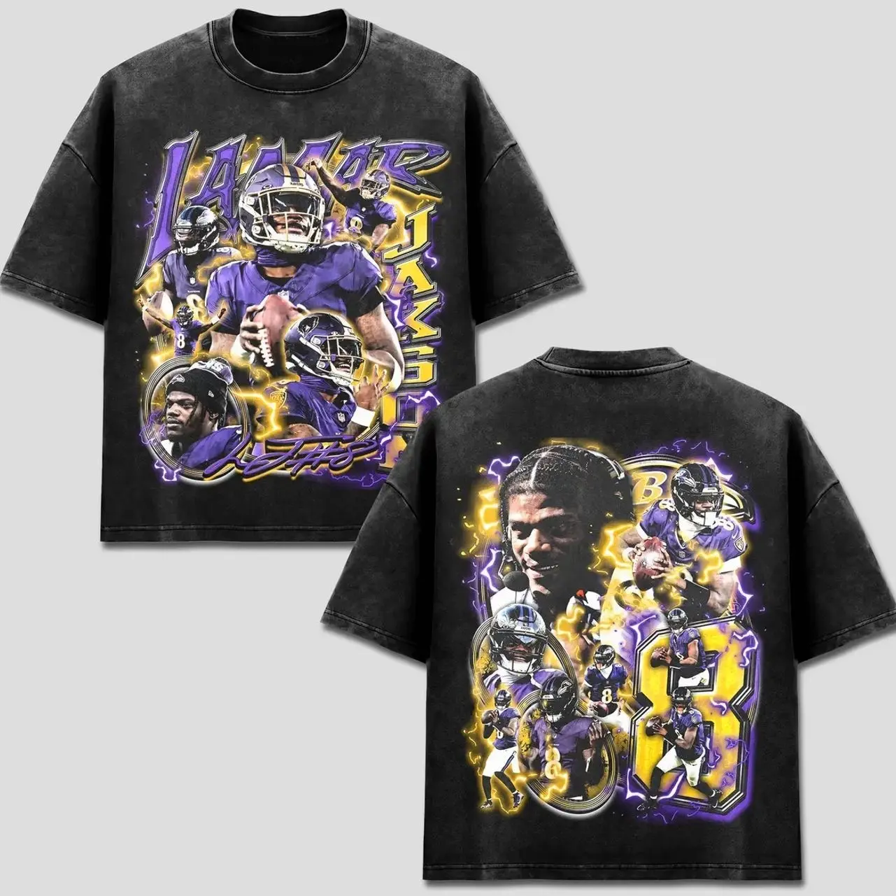Lamar Jackson T-Shirt, LJ8 Baltimore Football Tee, Action Jackson Sweatshirt, Number 8 Retro Graphic, Vintage Bootleg Rap Style Merch, Acid Washed Apparel, United States Unisex Casual Oversized Heavyweight Outdoor Washed Black Top I5T