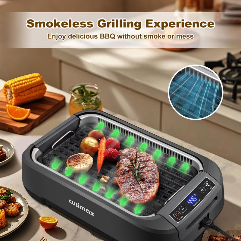CUSIMAX Smokeless Electric Indoor Grill 1500W Korean BBQ with Non-Stick Removable Plate LED Display & Tempered Glass Lid Grey for Indoor Grilling grill rack electric mini