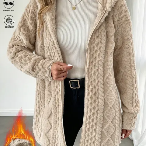 LIFE KEEPS MOVING women’s autumn/winter fleece-lined hooded jacket/coat—fashionable, warm, versatile solid-color cardigan outerwear; windproof, insulated top; Christmas gift; new arrival for fall