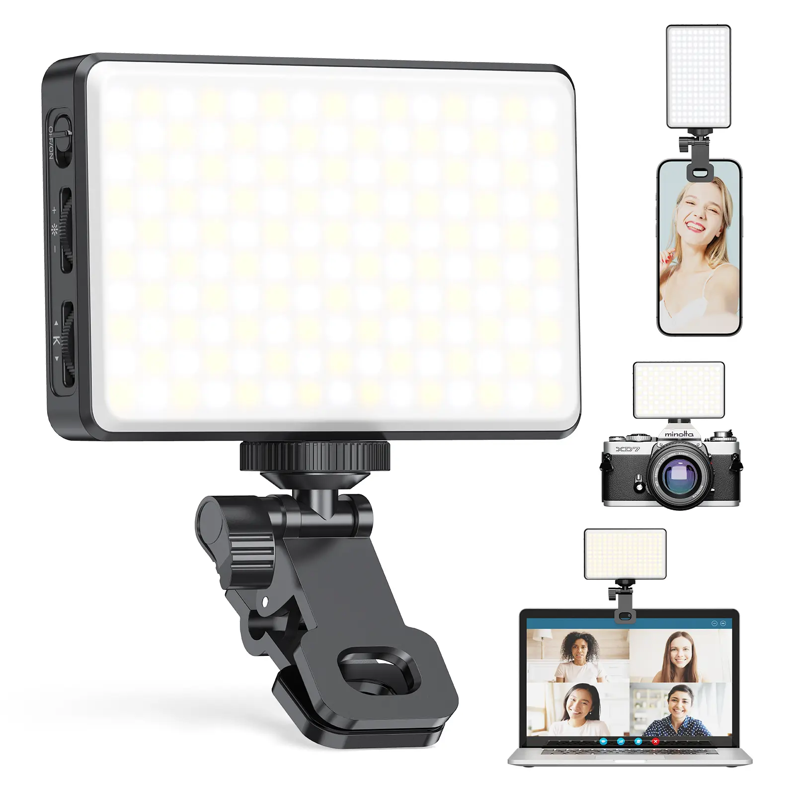 Portable LED Video Light with Clip,Rechargeable Dimmable Selfie Fill Light 150-LED Selfie Fill Light,Adjustable 2500K-9000K Color TemperatureforPhone, Laptop, Camera, Vlogging & Live Streaming,black