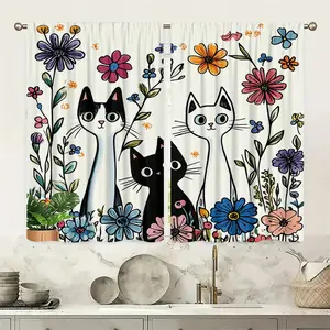 2 pieces of cartoon cat and flower-themed printed curtains, made of semi-transparent polyester material, with rod bag for hanging, easy to install, washable by hand and machine, suitable for bedrooms, living rooms, and other daily decoration areas.