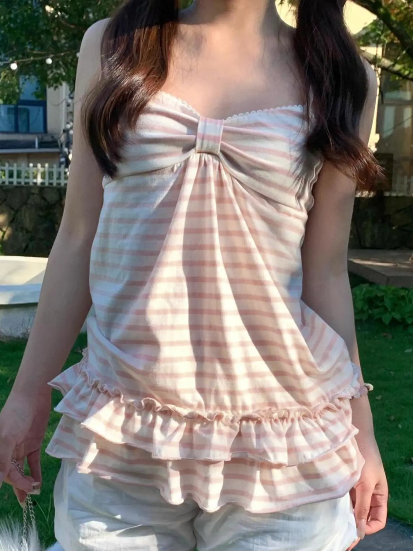 Sweet Striped A-Line Ruffle Spaghetti Strap Tank Top Babydoll Shirt, Casual Classy Top, Summer Loose Slimming Women's Vest, Casual Comfy Classy, Y2K Style, Moderate Fabric