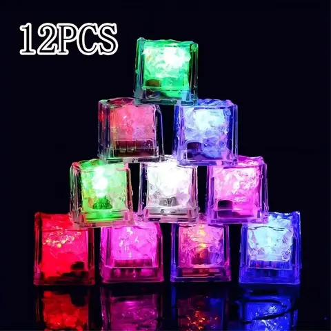 12-24 PCS Reusable Plastic Cube LED Ice Cube Lights - Eco-Friendly, Stereo, 12pcs Mixed Party Decor, Cocktail & Home Bar Utensils Accessory, Wedding Use, Indoor-Outdoor Kitchenware