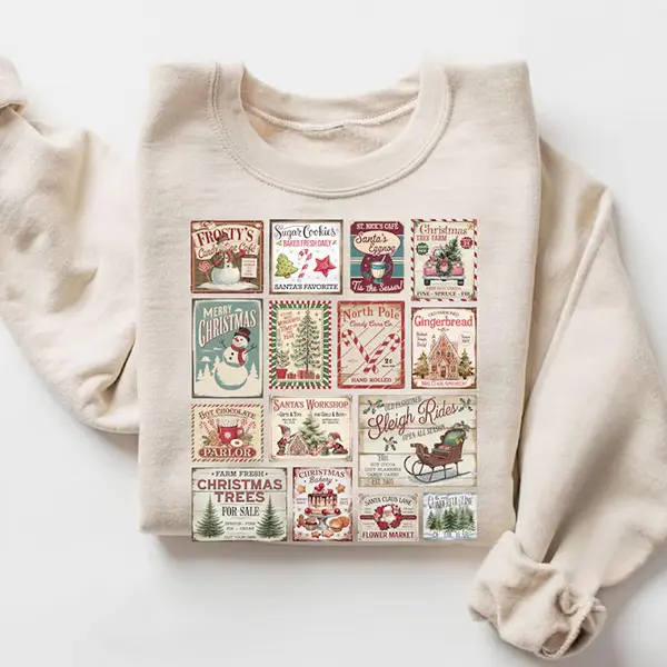 Retro Christmas Stamps Sweatshirt, Vintage Holiday Sweater, Santa & Tree Christmas Crewneck, Merry Christmas Pullover, Festive Winter Gift