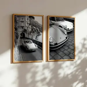 Set of 2 Porsche 911 Black and White Poster Print , Old Money Aesthetic Poster, Amalfi Coast/Italy Themed, Vintage Sport,Car Enthusiast Gift Decor Decoration