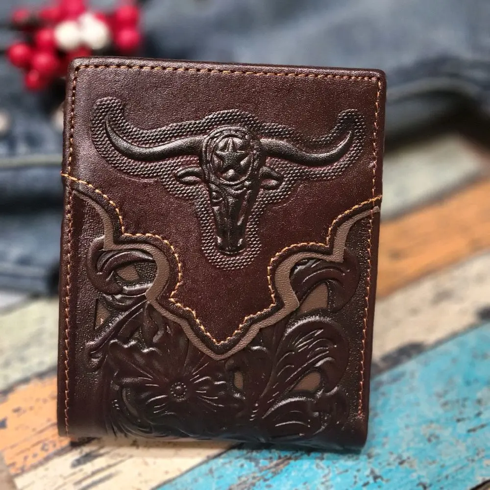 Men's Wallet Longhorn Western style genuine leather short bi-fold lasercut wallet Men's Wallet Longhorn Western style genuine leather short bi-fold lasercut wallet