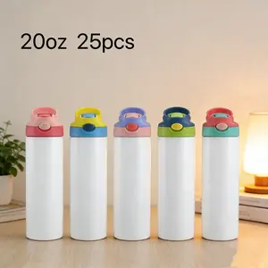 25pcs 20oz per box sublimated bouncing stainless steel kids’ water bottle with a flip-top design, multicolored tops