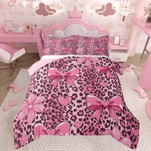 Pink Bow Leopard Kids Comforter Set Bowknot Bedding Set Cheetah Duvet Quilt for Kids Boys Girls Bedroom Cute Decor Microfiber Ultra Soft Breathable